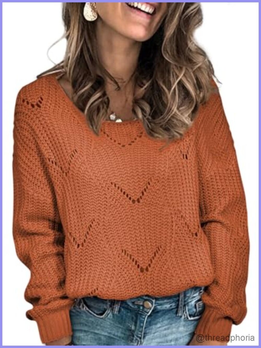 Cute Hollow Knit Pullover Sweater, Loose Fit Crewneck to Off Shoulder